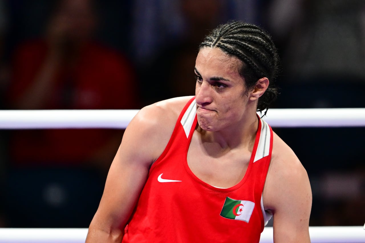Khelif wins the match and advanced to semi-finals. (Photo by Mehmet Murat Onel/Anadolu via Getty Images)